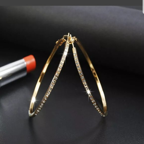 18K GOLD HOOP EARRINGS WOMEN'S DIAMOND STONES - Picture 2 of 4